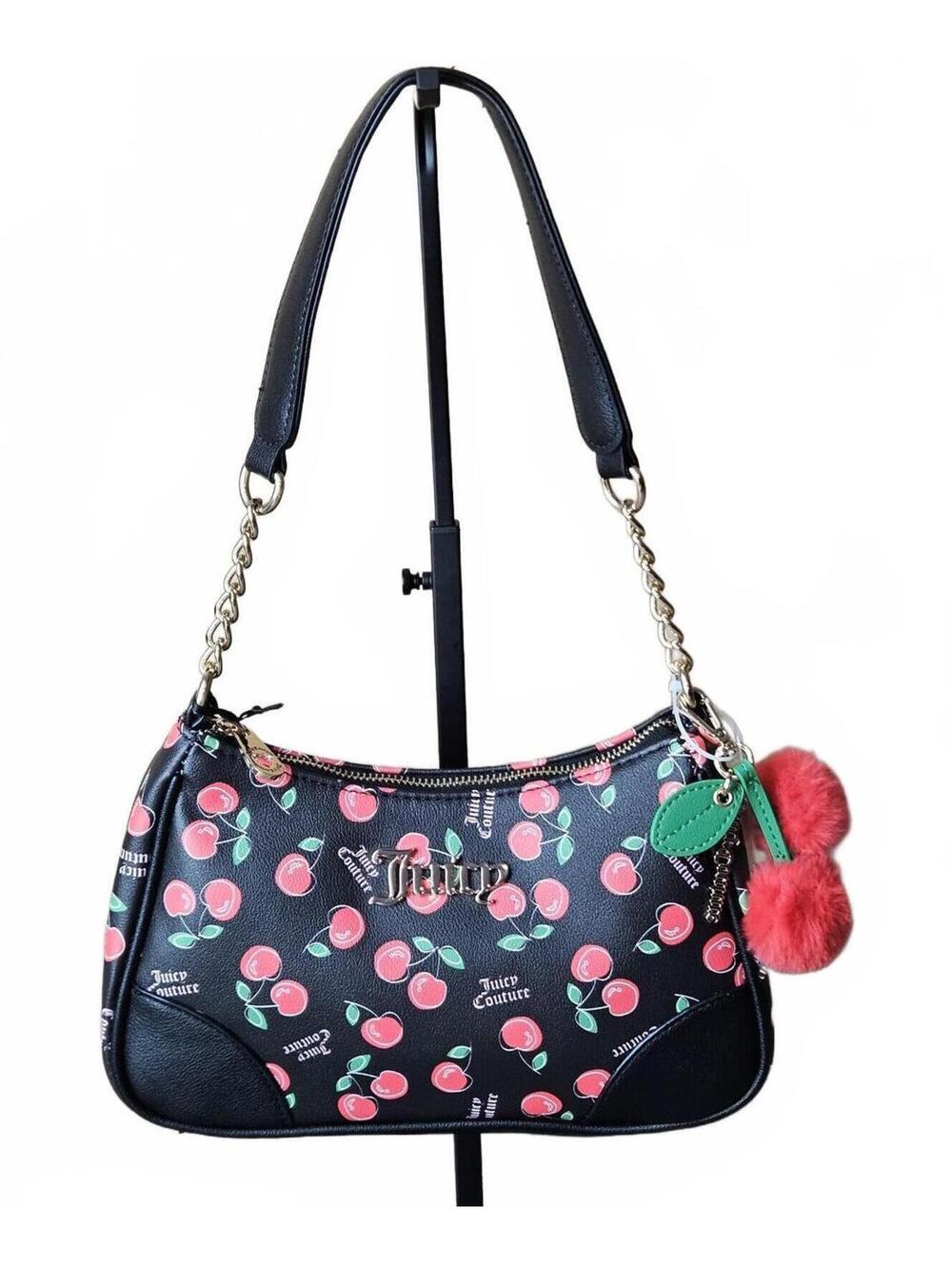 Juicy Couture Black & Red Cherry Girl Shoulder Bag NWT Pom Pom Charm Purse Y2K